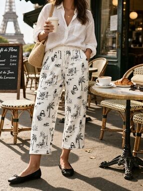 🇫🇷 Erin London Parisian Toile Print Pants Size L French Girl Café Style